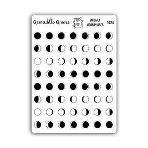 28 Daily Moon Phase Stickers - 0.375 inch Small Planner Stickers - Lunar Tracker Stickers - 1024