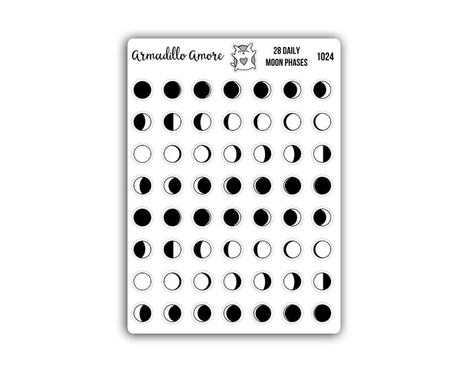 28 Daily Moon Phase Stickers - 0.375 inch Small Planner Stickers - Lunar Tracker Stickers - 1024
