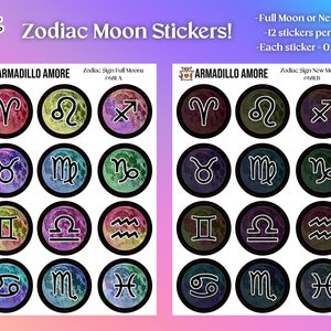 Sternzeichen Vollmond und Neumond Bunte Aufkleber für Lunar Journal, Kalender, Planer - 681