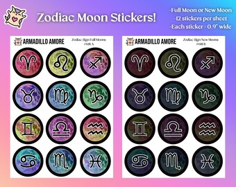 Zodiac Sign Full Moon and New Moon Colorful Stickers For Lunar Journal, Calendar, Planner - 681