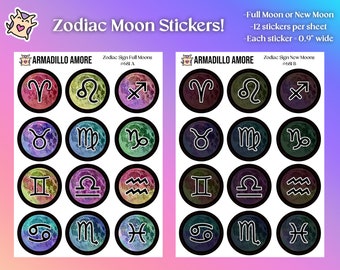 Zodiac Sign Full Moon and New Moon Colorful Stickers For Lunar Journal, Calendar, Planner - 681