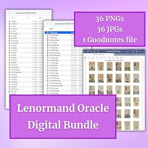 DIGITAL Lenormand Oracle Bundle 36 PNGs 36 JPGs - 1 Goodnotes page with 36 precropped jpg stickers Lenormand Meanings Track Readings