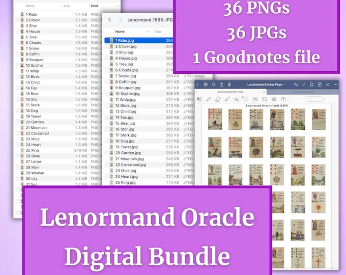 DIGITAL Lenormand Oracle Bundle 36 PNGs 36 JPGs - 1 Goodnotes page with 36 precropped jpg stickers Lenormand Meanings Track Readings