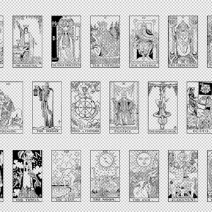May include: Black and white illustrations of the Major Arcana tarot cards. The cards are arranged in three rows of eight cards each. The cards include The Fool, The Magician, The High Priestess, The Empress, The Emperor, The Hierophant, The Lovers, The Chariot, Strength, The Hermit, Wheel of Fortune, Justice, The Hanged Man, Death, Temperance, The Devil, The Tower, The Star, The Moon, The Sun, Judgement, and The World.
