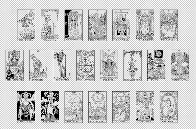 May include: Black and white illustrations of the Major Arcana tarot cards. The cards are arranged in three rows of eight cards each. The cards include The Fool, The Magician, The High Priestess, The Empress, The Emperor, The Hierophant, The Lovers, The Chariot, Strength, The Hermit, Wheel of Fortune, Justice, The Hanged Man, Death, Temperance, The Devil, The Tower, The Star, The Moon, The Sun, Judgement, and The World.
