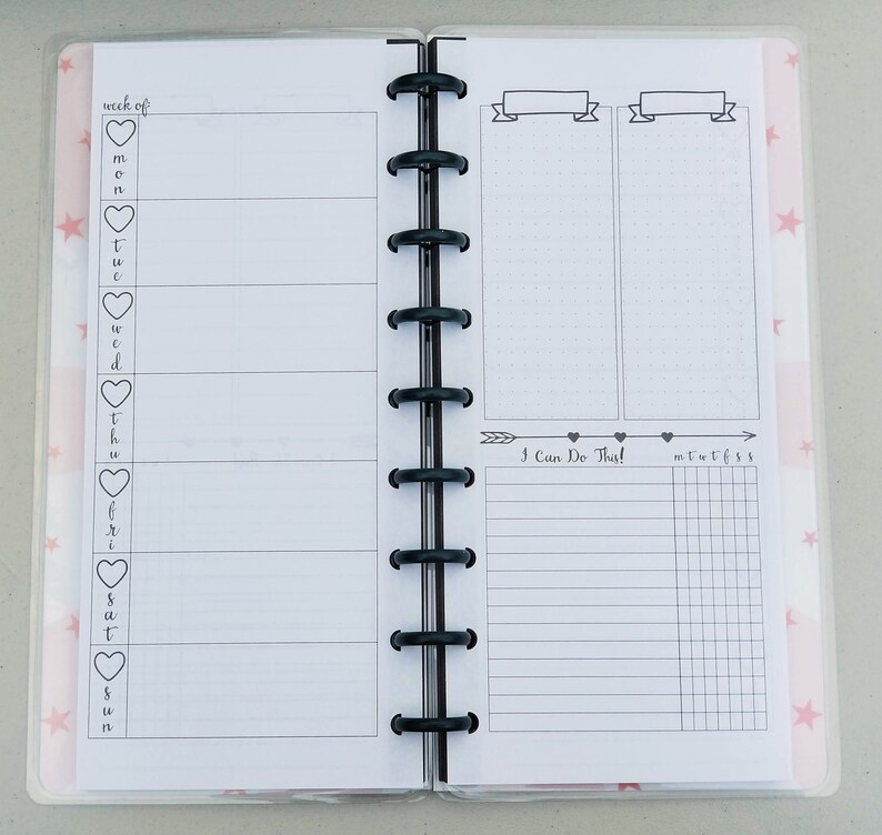 May include: A weekly planner with a daily schedule on the left side and a "I Can Do This!" section with a grid on the right side. The planner has a pink and white background with stars.