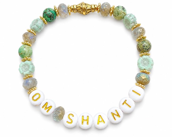 Om Shanti Beaded Bracelet – Peace and Calm Jewelry – Hinduism Yoga Spiritual Stretch Bracelet for Meditation and Healing