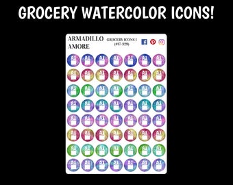 Grocery Icon Watercolor Reminders {56 Planner Stickers} 329