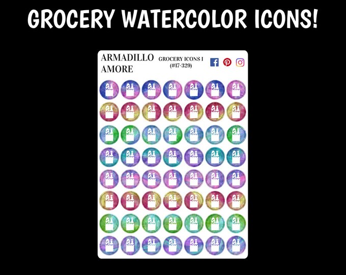 Grocery Icon Watercolor Reminders {56 Planner Stickers} 329