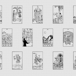 May include: A set of 12 tarot cards from the Cups suit. The cards are black and white illustrations with a vintage style. The cards include the Ace, Two, Three, Four, Five, Six, Seven, Eight, Nine, Ten, Page, Knight, Queen, and King of Cups.