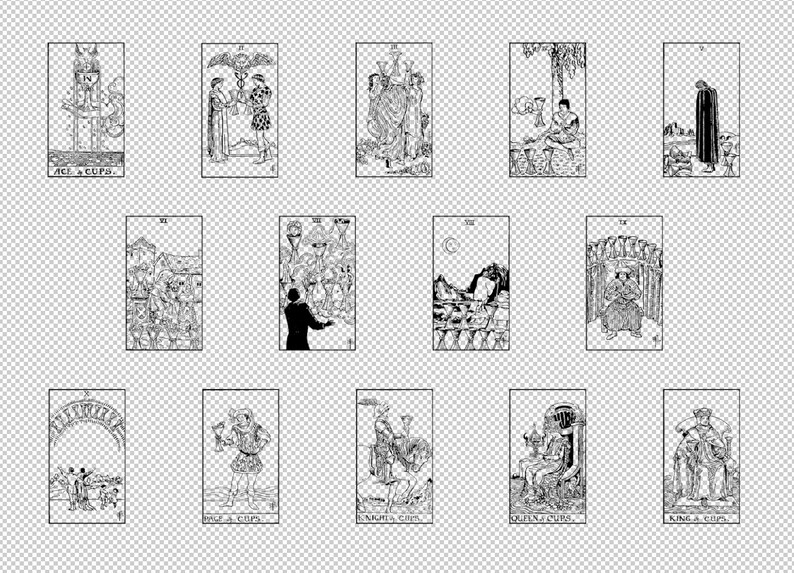 May include: A set of 12 tarot cards from the Cups suit. The cards are black and white illustrations with a vintage style. The cards include the Ace, Two, Three, Four, Five, Six, Seven, Eight, Nine, Ten, Page, Knight, Queen, and King of Cups.