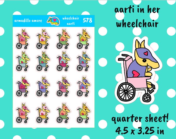 Aarti Armadillo in Her Wheelchair Stickers - Colorful - Hand-drawn - Pastel - Rainbow - Animal Character Planner Sticker - 578