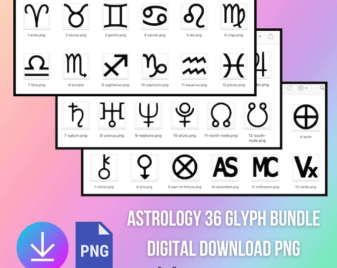 DIGITAL Astrology Glyph Bundle 36 PNG Files - Minimalist High Resolution - No Background - Astrology - Zodiac Sign Planets Asteroid Goddess