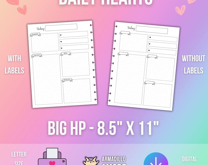 BIG HP Daily Hearts Planner Printable - 1 Page Dot Grid Planning PDF, Productivity Day Planner Discbound Insert Undated Blank Letter Size