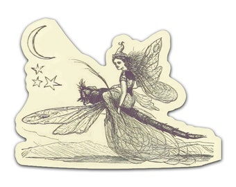 A Fairy, Her Dragonfly, and the Moon Sticker Decal - Magick Sticker, Fairy Sticker, Fairy Gift, Witchy Sticker, Grimoire Sticker - 1096