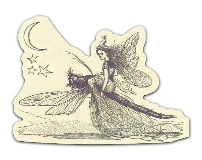 A Fairy, Her Dragonfly, and the Moon Sticker Decal - Magick Sticker, Fairy Sticker, Fairy Gift, Witchy Sticker, Grimoire Sticker - 1096