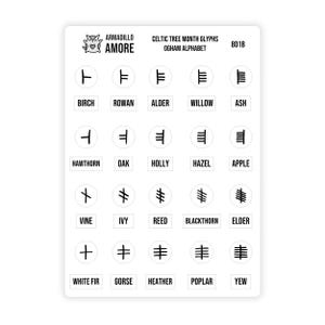 Keltische boom maand glyph stickers - 0,375" heidense tracker planner sticker, Ogham alfabet runen Wicca druïde oude Ierse symbolen - 801B