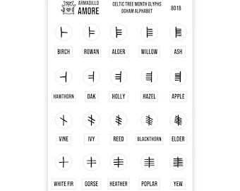Celtic Tree Month Glyph Stickers - 0.375" Pagan Tracker Planner Sticker, Ogham Alphabet Runes Wicca Druid ancient Irish symbols - 801B