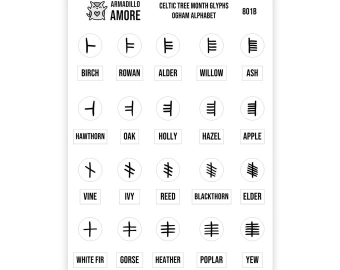 Celtic Tree Month Glyph Stickers - 0.375" Pagan Tracker Planner Sticker, Ogham Alphabet Runes Wicca Druid ancient Irish symbols - 801B