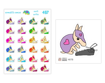 Aarti Armadillo Writes Stickers - Typewriter Sticker, Author Sticker, Writing Sticker, Writer Sticker, Cute Animal Planner Sticker - 487