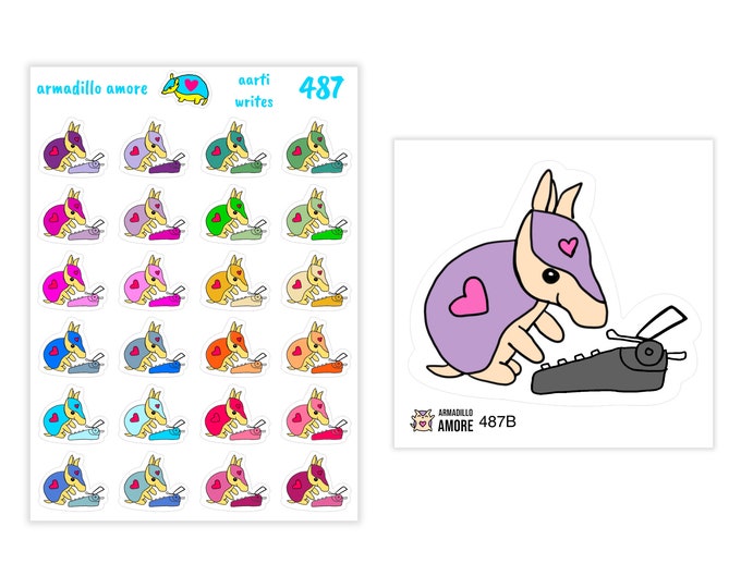 Aarti Armadillo Writes Stickers - Typewriter Sticker, Author Sticker, Writing Sticker, Writer Sticker, Cute Animal Planner Sticker - 487