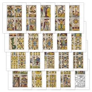 Tarot de Marseille numérique (4,75 po. x 2,75 po.) Jeu de cartes pleine dimension imprimable avec les 78 cartes - fichiers PDF - formats Lettre et A4 - 20 pages