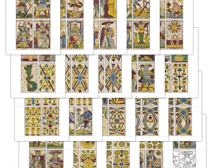 DIGITAL Tarot de Marseille (4.75 in x 2.75 in) Full Size Deck Printable Featuring all 78 Cards- PDF Files - Letter and A4 sizes - 20 pages
