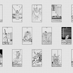 May include: Black and white illustrations of the Swords suit from a tarot deck. The cards include Ace, Two, Three, Four, Five, Six, Seven, Eight, Nine, Ten, Page, Knight, Queen, and King of Swords.