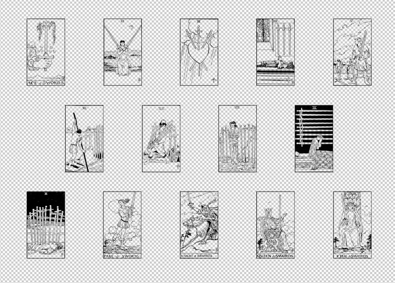 May include: Black and white illustrations of the Swords suit from a tarot deck. The cards include Ace, Two, Three, Four, Five, Six, Seven, Eight, Nine, Ten, Page, Knight, Queen, and King of Swords.