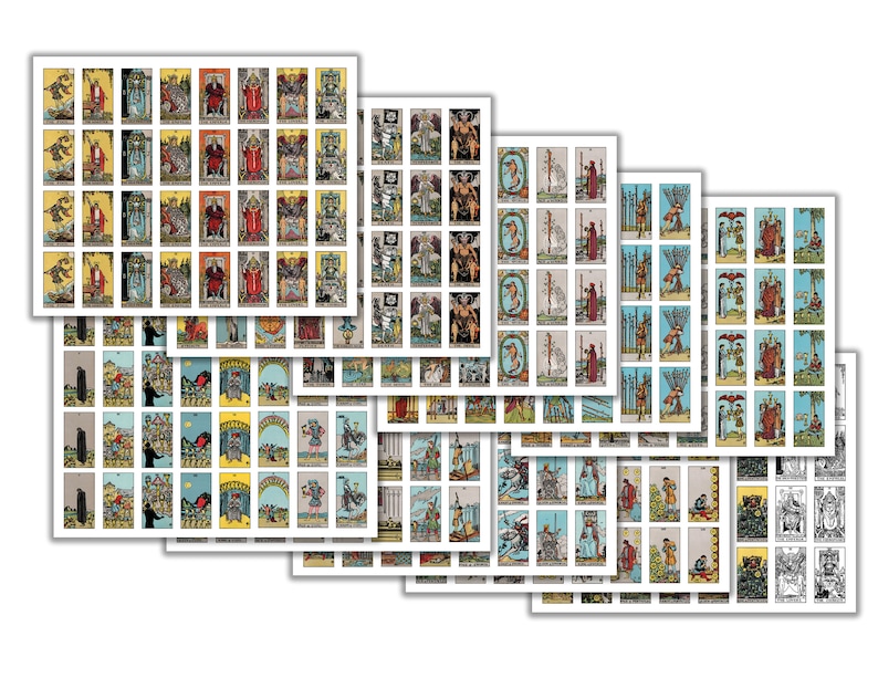 May include: A set of 78 tarot cards featuring traditional imagery and designs. The cards are arranged in rows and columns, showcasing the full deck. Each card has a unique illustration and text.