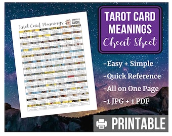 DIGITAL Tarot Card Meaning Cheat Sheet - Quick Easy Simple One Page - jpg + pdf files - Printable Reference - Interpretation - All 78 Cards