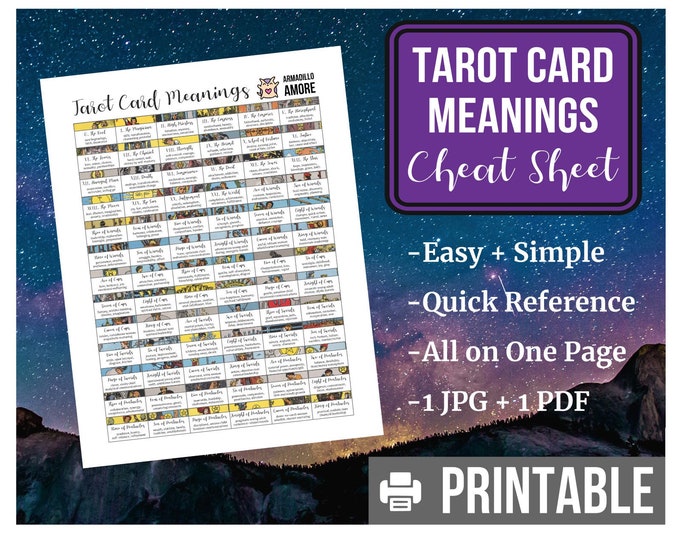 DIGITAL Tarot Card Meaning Cheat Sheet - Quick Easy Simple One Page - jpg + pdf files - Printable Reference - Interpretation - All 78 Cards