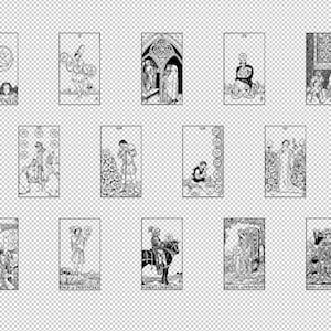 May include: Black and white illustrations of tarot cards depicting the suit of pentacles. The cards show a variety of scenes including a hand holding a pentagram, a person riding a horse, and a person standing in a doorway.