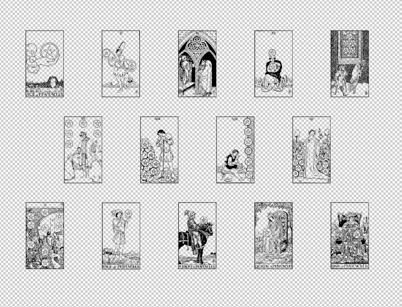 May include: Black and white illustrations of tarot cards depicting the suit of pentacles. The cards show a variety of scenes including a hand holding a pentagram, a person riding a horse, and a person standing in a doorway.