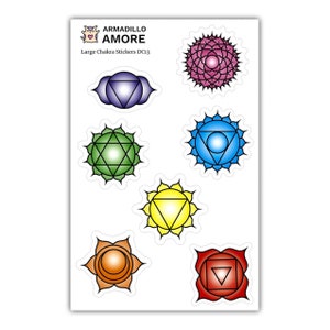 May include: Seven colorful chakra stickers with intricate designs. The stickers are in the colors of the chakras: red, orange, yellow, green, blue, indigo, and violet. The stickers are labeled "Large Chakra Stickers DC13" and "ARMADILLO AMORE".