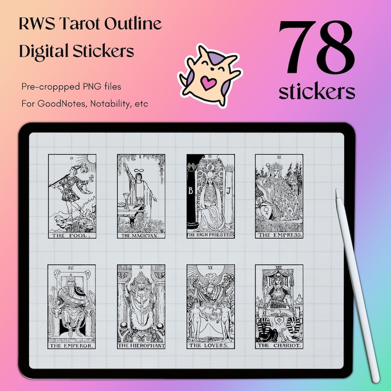 May include: A set of 78 black and white outline tarot card stickers. The stickers feature the major arcana cards, including The Fool, The Magician, The High Priestess, The Empress, The Emperor, The Hierophant, The Lovers, and The Chariot.