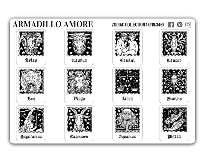 Zodiac Sign Black and White Astrology Stickers - 346