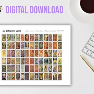 Puede incluir: Una descarga digital de 78 pegatinas de cartas de tarot con la baraja de tarot de Aleister Crowley Thoth. Las pegatinas están dispuestas en una cuadrícula y miden aproximadamente 2,8 cm por 1,8 cm.