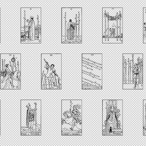 May include: Black and white illustrations of the Wands suit from a tarot deck. The cards are arranged in a grid with the Ace of Wands in the top left corner and the King of Wands in the bottom right corner.