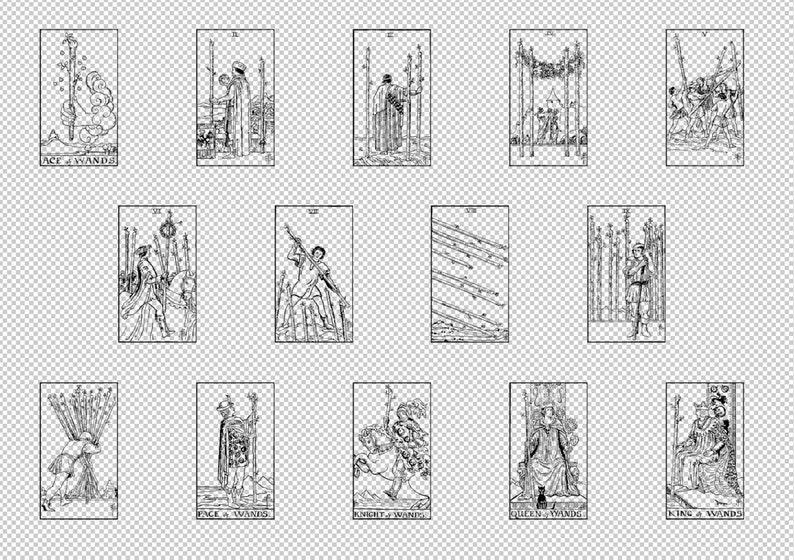 May include: Black and white illustrations of the Wands suit from a tarot deck. The cards are arranged in a grid with the Ace of Wands in the top left corner and the King of Wands in the bottom right corner.