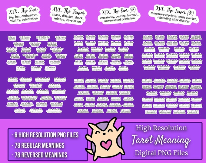 DIGITAL Tarot Meaning PNG - 6 File Set - Upright and Reversed Meanings Both Included for all 78 Cards - Cut Files for Cricut + Silhouette