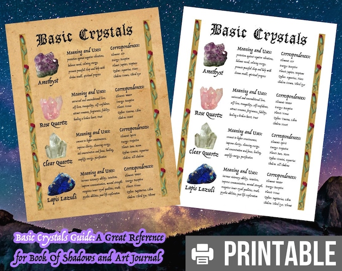 DIGITAL DOWNLOAD Basic Crystals Printable - Amethyst, Rose Quartz, Clear Quartz, Lapis Lazuli - Meaning, Uses, Correspondences