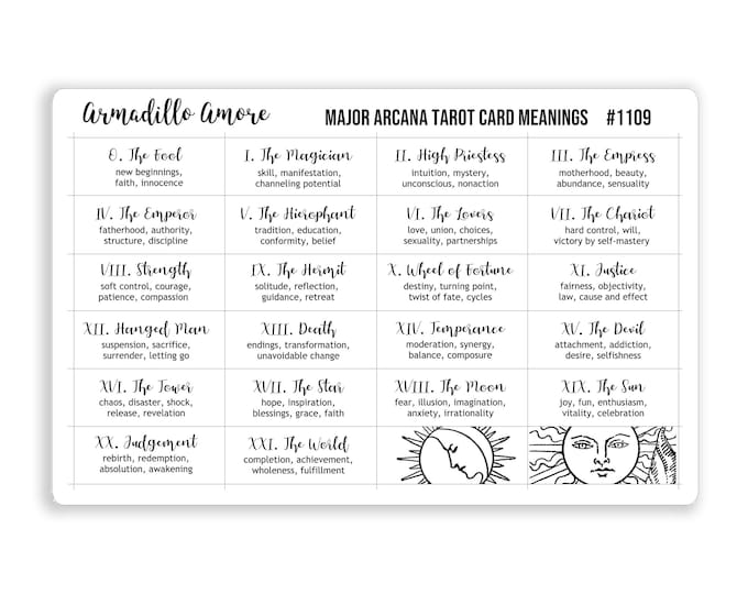 Major Arcana Tarot Card Meaning Interpretation Rectangle Stickers - 1 Sticker Sheet - 22 Stickers - 1109