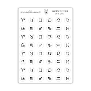 Adesivos de glifos do zodíaco - Adesivos de astrologia - Adesivos pequenos de signos estelares de 0,375 polegadas - Adesivos de grimório - Adesivos de wicca - 366