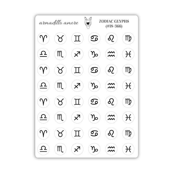 Zodiac Glyph Stickers - Astrology Stickers - 0.375 inch Small Star Sign Stickers - Grimoire Stickers - Wicca Stickers - 366