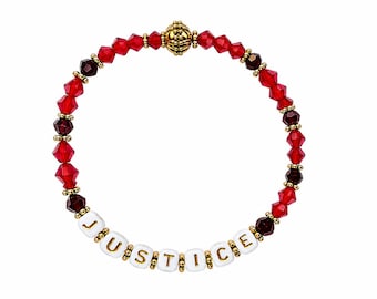 Justice Beaded Bracelet – Red Czech Fire Polished Glass Beads, Gold Accents & Inspirational Jewelry