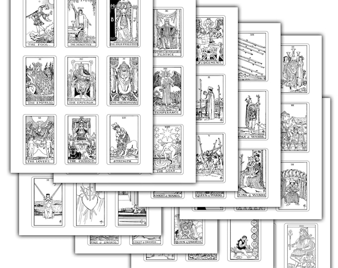 Large Tarot Stickers (3 inch x 2 inch) - 78 Black and White Stickers - Color Your Own - 9 Sheet Set for Tarot Journal