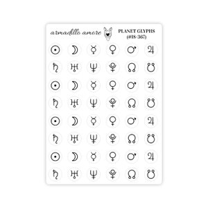 Adesivos de glifos de planetas - 0,375" - Adesivos de planejador de planetas do zodíaco, adesivos de astrologia, adesivos de calendário de planetas