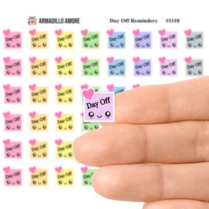 May include: A sheet of colorful stickers with a cute cartoon face and the text "Day Off" on each sticker. The stickers are designed to be used as reminders for days off work.