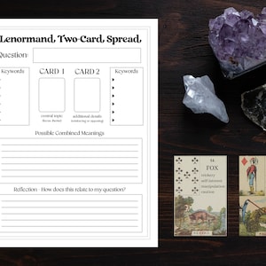 DIGITALE Lenormand eenvoudige twee kaarten gespreide dagboekpagina - interpretatie reflectie werkblad afdrukbaar - Oracle Card Journaling leeslogboek